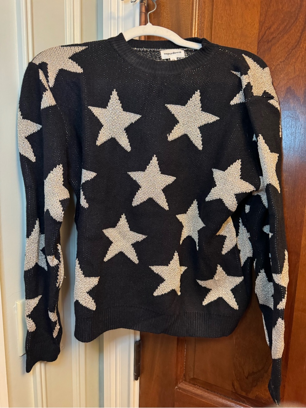 superdown Black Crewneck Sweater with White Star Pattern